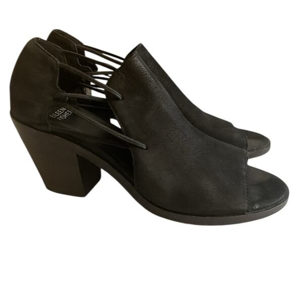 Eileen Fisher Nikki Peep Toe Open Toe Block Heel Size 8 Black Suede Stretch Side - Picture 2 of 12